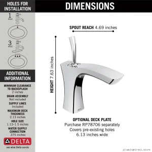 Chrome Modern Single Hole Bathroom Faucet by Tesla 552LF-LPU Delta