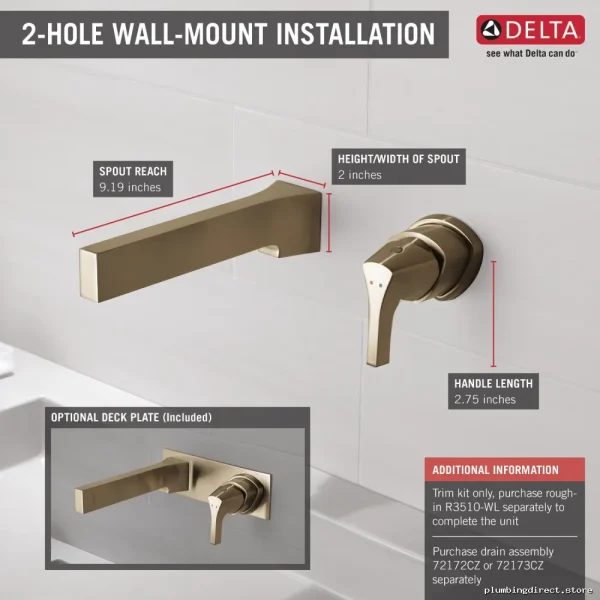 Single-Handle Wall-Mount Bathroom Faucet Trim by Zura in Champagne Bronze - Image 2